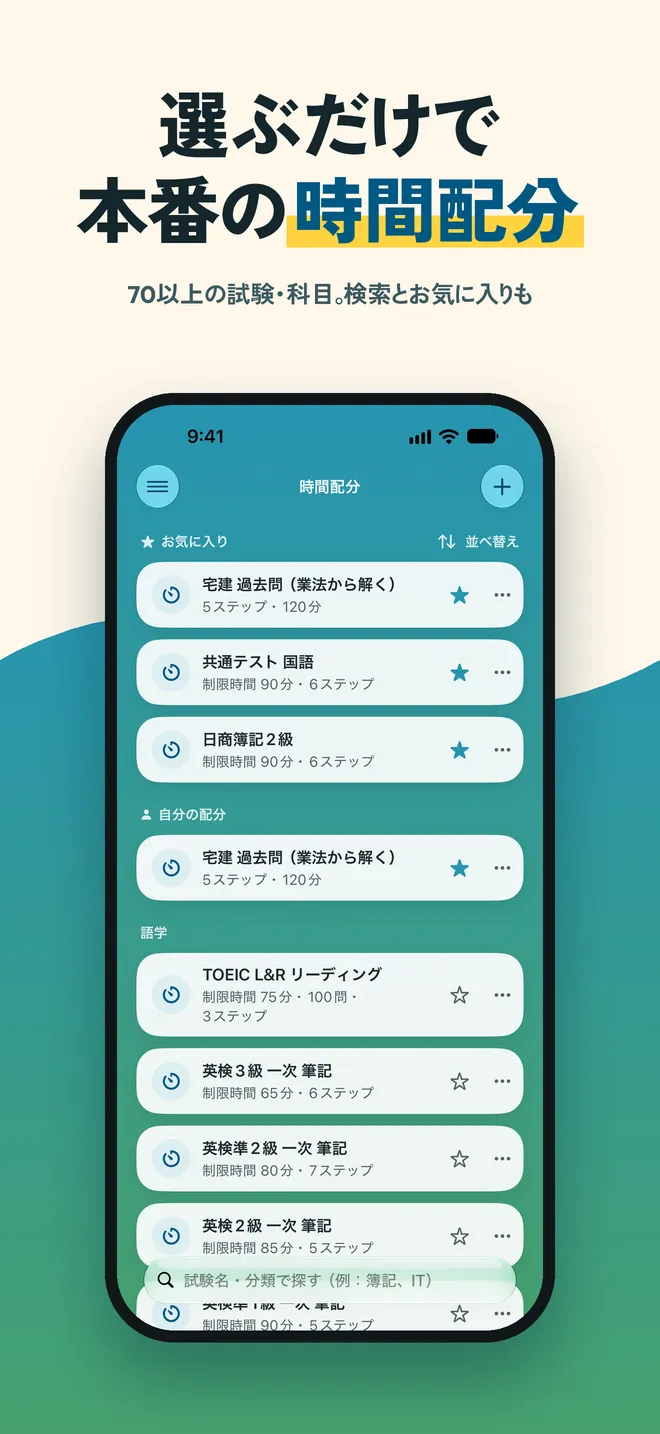 試験ごとのテンプレートが並ぶ一覧画面