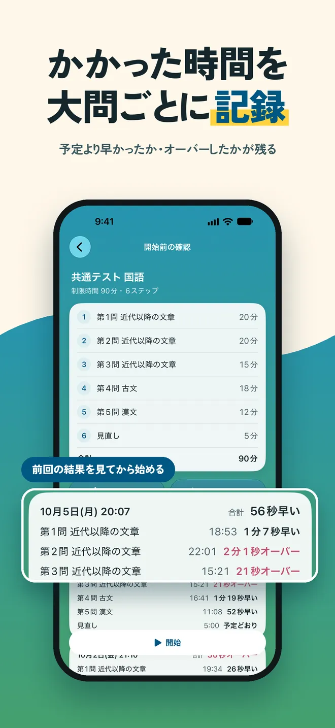 大問ごとにかかった時間が残っている記録の画面